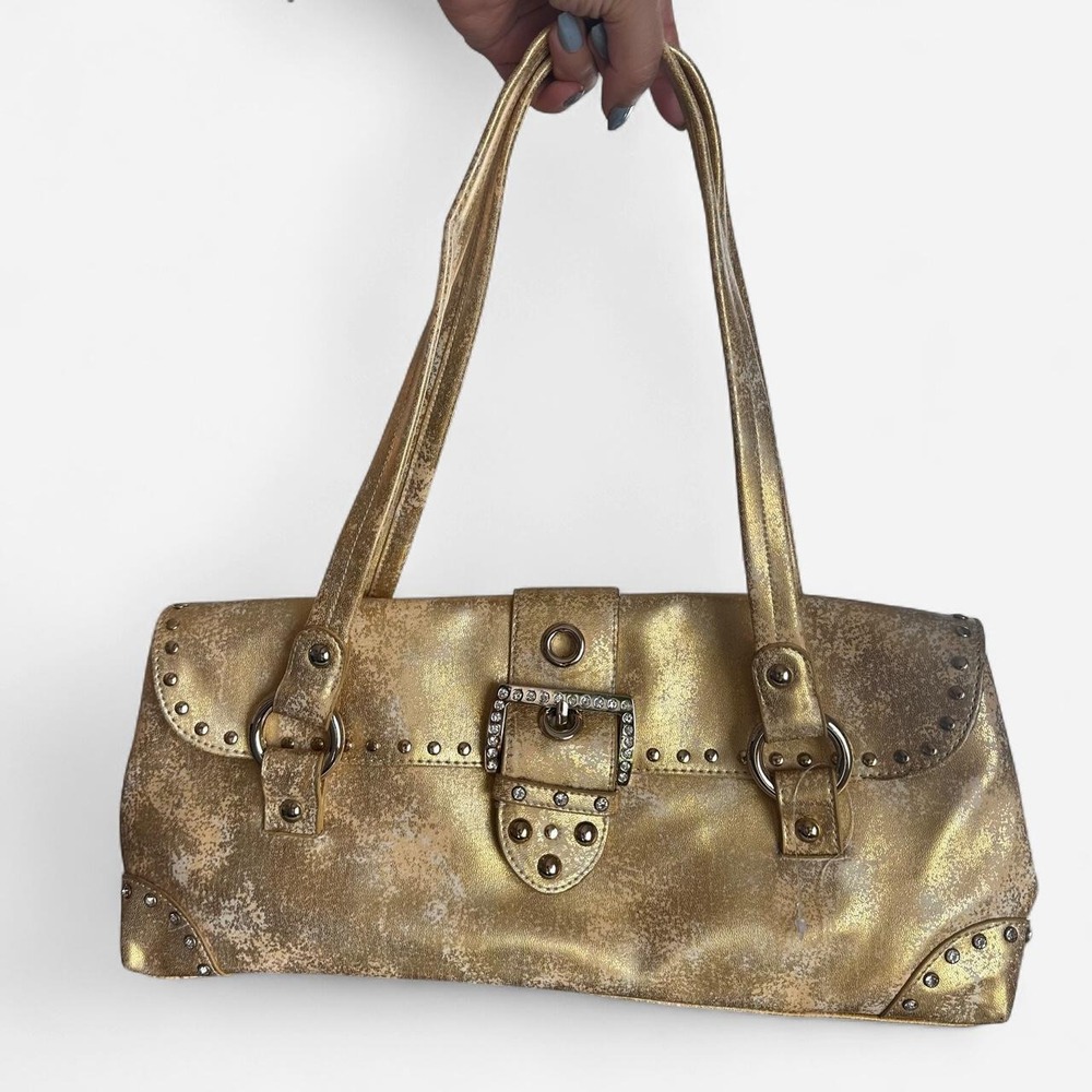 Kathy Van Zeeland Metallic Gold Studded Buckle Shoulder Bag Y2K Baguette Purse